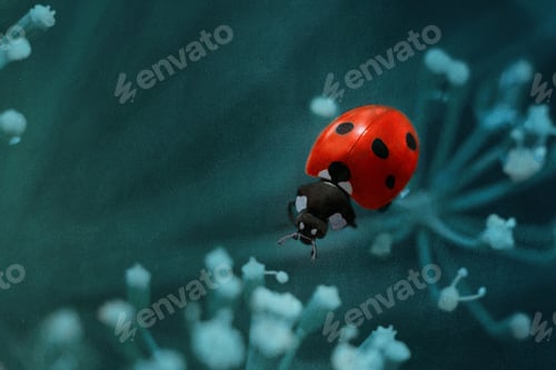 Preview: Macro shot of a ladybug on the surface of a flower on a blue background