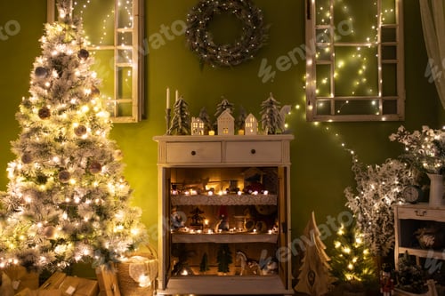 Preview: Beautiful holdiay decorated room with Christmas tree with presents under it