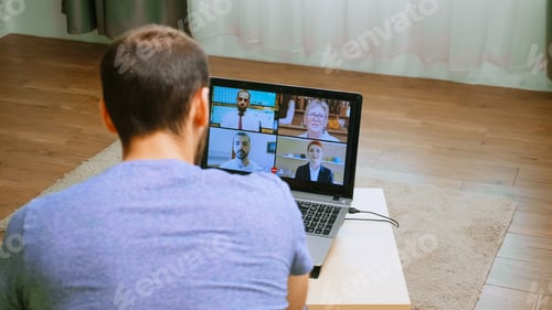 Preview: Man talking business strategy on video call