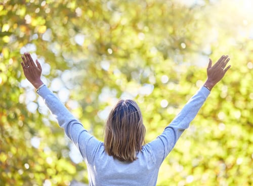 Preview: Woman, park and back with hands in air for nature, gratitude and self care for mindfulness in sunsh