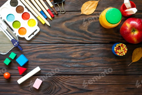 Preview: Back to school background with school supplies, autumn leaves and apple.