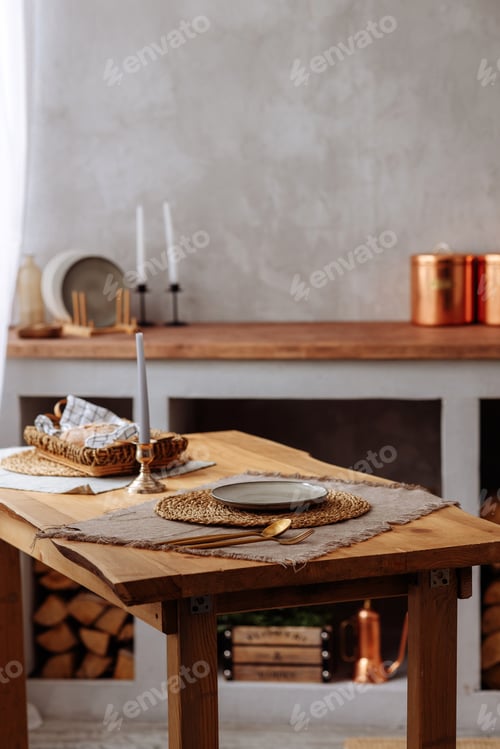 Preview: Authentic wooden table against a blurred rustic kitchen background.