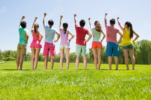 Preview: Rear view of eight young adults standing on grass