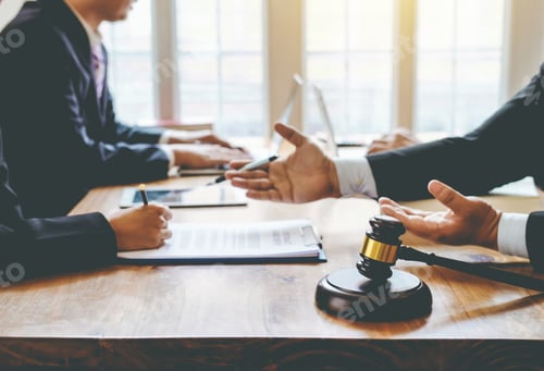 Preview: Group business people and lawyers meeting together. Consulting in regard to the various contracts at