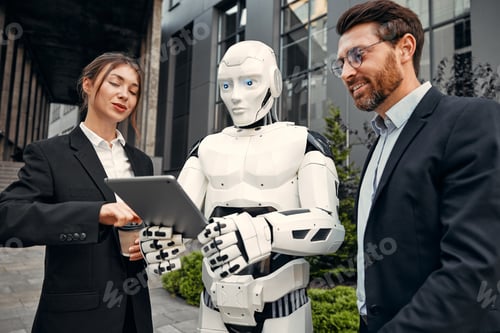 Preview: Robot with businessmen on the street near the building