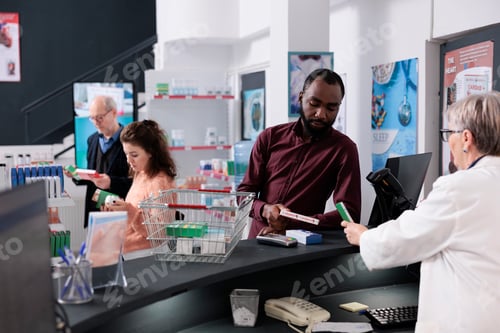 Preview: African american drugstore client talking with pharmacist asking details about pills before buying