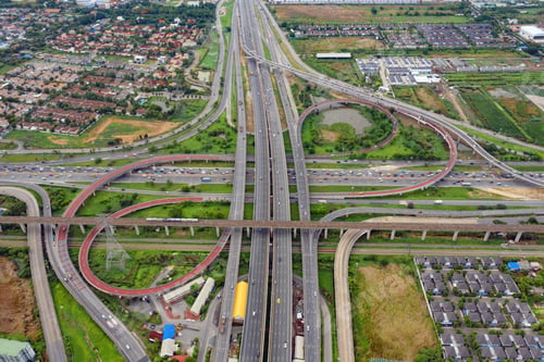 Preview: Aerial view of highway junctions. Bridge roads shape in structure. Top view. Urban city