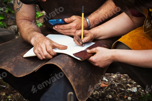 Preview: Two men wearing aprons writing into a notebook sat in a garden.