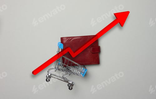 Preview: A brown leather wallet lies in a miniature cart and a red arrow is up.