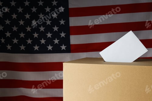 Preview: Vote box with form on American flag background, space for text