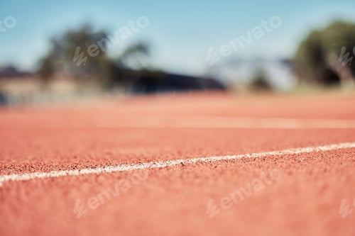 Preview: Stadium, clay running track and closeup of outdoor arena or sport pitch. Fitness, training and spor
