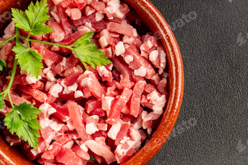 Preview: Bacon cubes smoked chopped meat small pieces fresh delicious gourmet food background