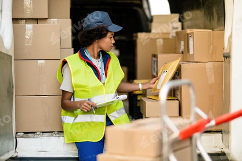Preview: Female African American deliverer sorting packages in a van.