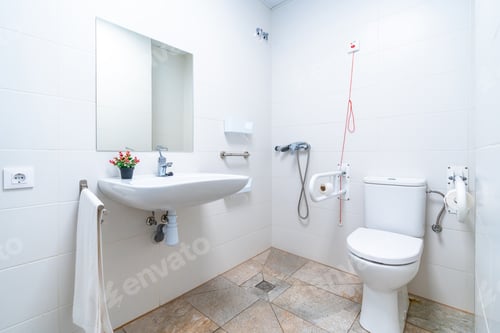 Visualização: Banheiro com acessórios para ajudar na casa de repouso