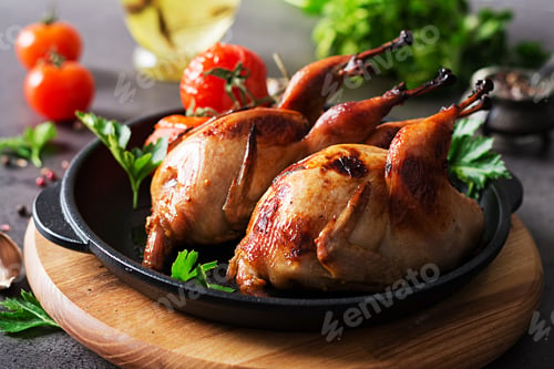 Preview: Baked quails in pan on a dark background