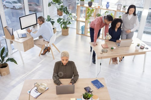Preview: Office team above, busy people and computer for startup management, workflow communication and comp
