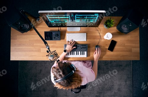 Preview: Overhead View Of Female Musician At Workstation With Keyboard And Microphone In Studio