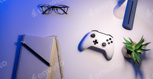 Preview: Flat lay, gamepad on the desktop at night.