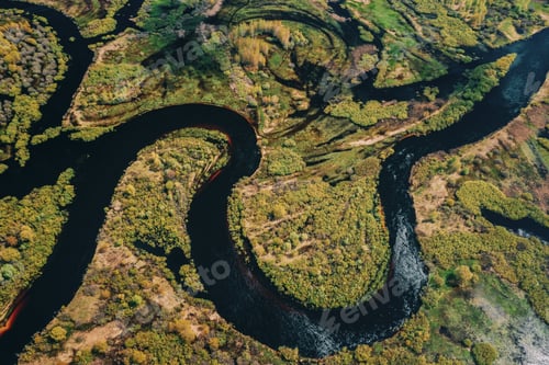 Preview: Aerial View Green Forest Woods And River Landscape In Sunny Spring Day. Top View Of Nature In
