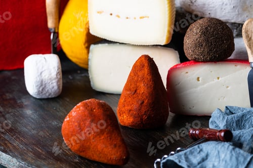 Assortment of Cheeses on Dark Wooden Surface