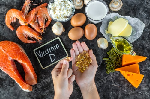 Preview: Products containing vitamin D. Selective focus.