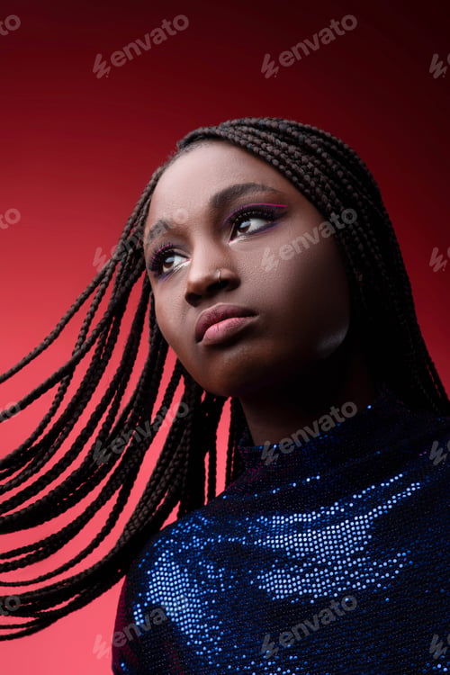 Preview: Closeup Portrait Of Black Young Woman In Sequin Dress With Braided Hair