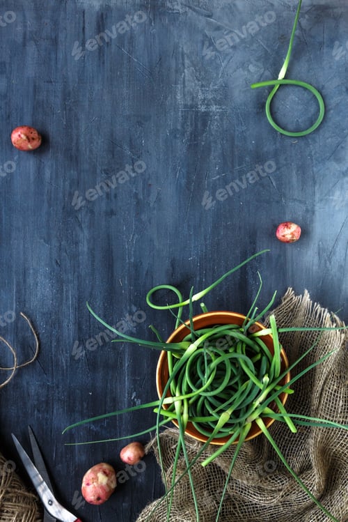 Preview: Fresh garlic scapes on a dark background, place for text