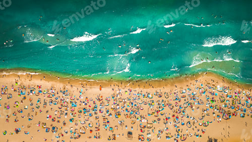 Preview: Aerial view of crowded beach on Baltic Sea in summer