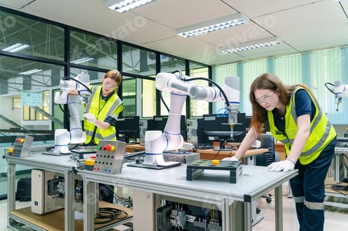 Preview: Workers engaged in collaborative robotics at a technology lab in the afternoon