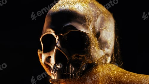 Preview: Hand with human skull on black. Golden sands, time concept. Symbolism, mortality