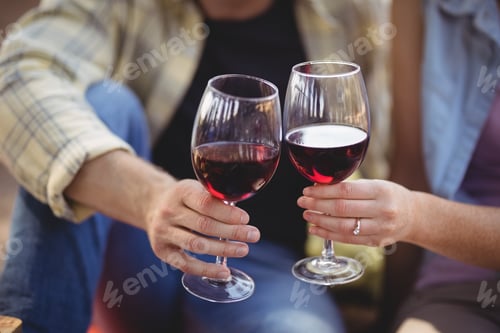 Preview: Mid section of man and woman toasting wineglasses