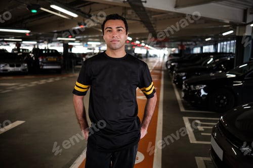 Preview: Portrait of young man standing in a car park and looking at camera.