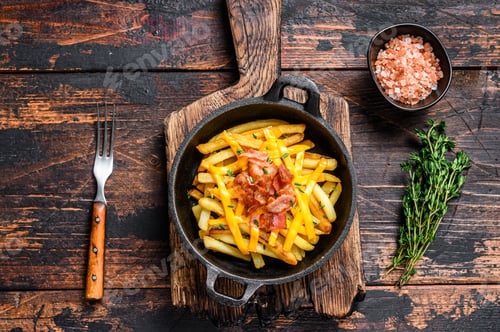 Preview: French fries with melted mix of cheddar cheese and bacon served in a pan.