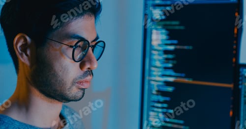 Preview: Asia male freelance typing write prompt AI bot IT app smart program nomad.