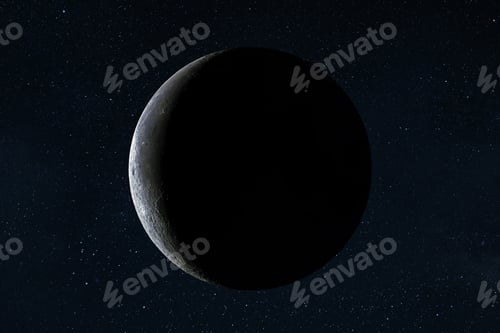Preview: Thin waning crescent moon phase visible, a deep space background with stars. High-detail