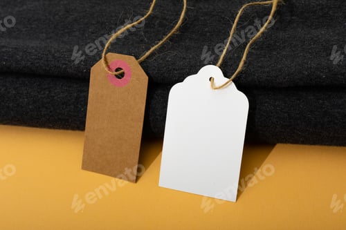 Preview: Composition of gift tags with copy space and black fabric on yellow background