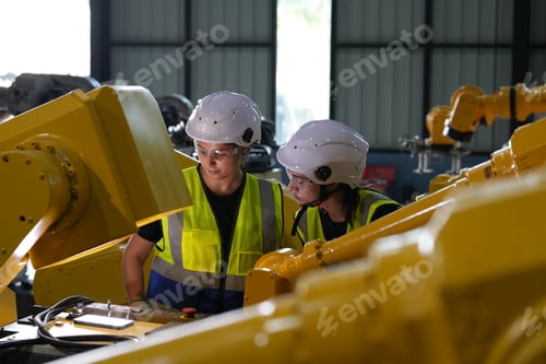 Preview: Robotics engineer working on maintenance of robotic arm in factory warehouse. Business technology.