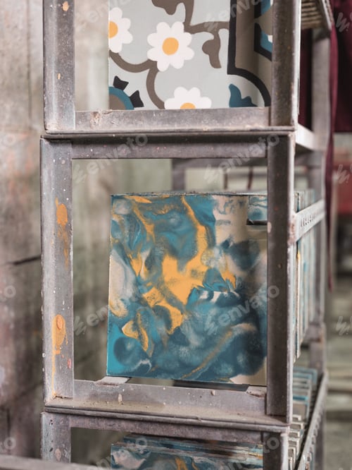 Preview: Colorful glaze tiles on shelves in workshop
