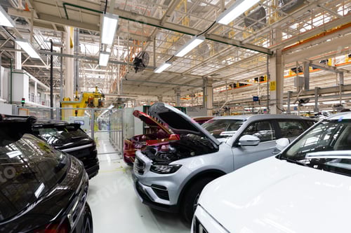 Preview: Modern car assembly plant. Auto industry. Interior of a high-tech factory, modern production of
