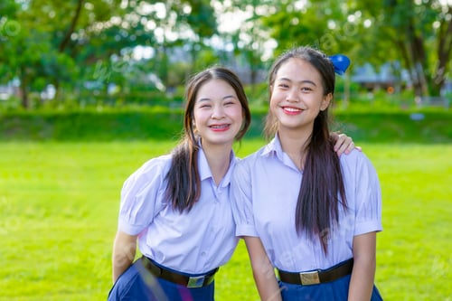 Preview: Portrait two happy smile Asian school teen girls friend in uniform at green park outdoor together