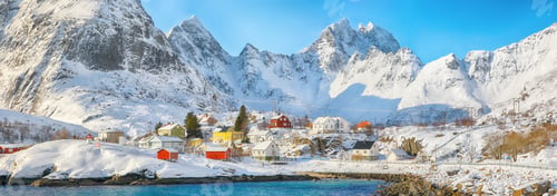 Preview: Fabulous winter scenery of A village. Norwegian fishing village, with the typical rorbu houses .