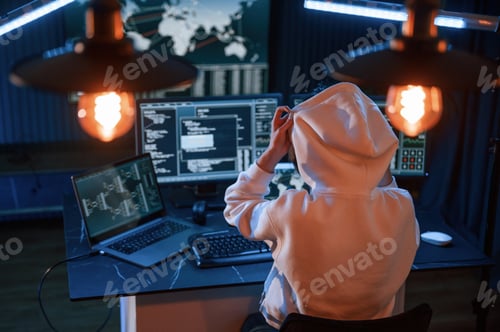 Preview: Young professional female hacker is indoors by computer with lot of information on displays