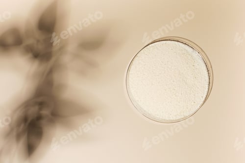 Preview: Hydrolyzed collagen powder in a Petri dish on a beige background with a shadow from a plant.