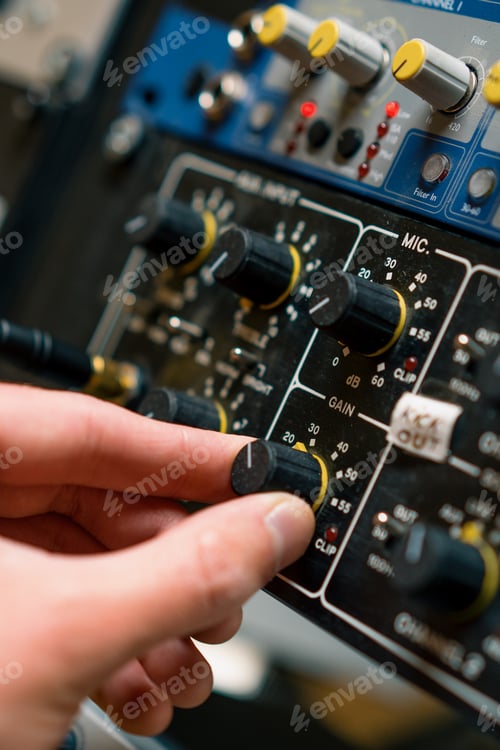 Preview: Sound engineer used digital audio mixer Sliders Engineer presses key Control panel Recording studio