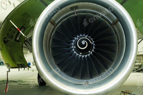 Preview: Close-up view of a jet engine showcasing intricate turbine design and components