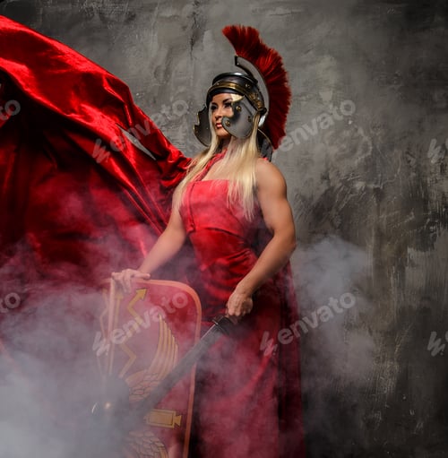 Preview: Woman in red fluttering dress.