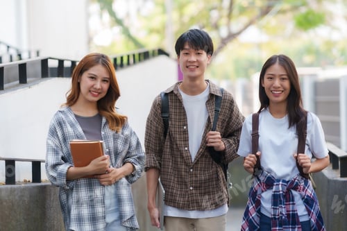 Preview: Group Of Young Asian Students Collaborating Outdoors at University.