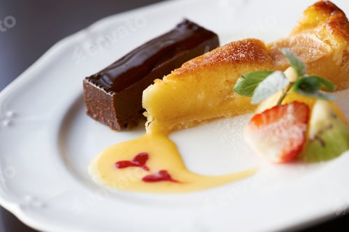Preview: Dessert plate with chocolate slice and tart with sliced fruits