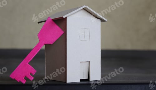 Preview: Cardboard house with a pink key on the table