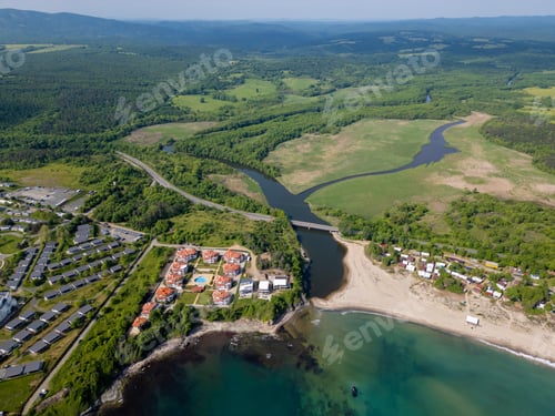 Preview: Aerial view of a scenic Bulgarian coastline with cliffs, turquoise water, sandy beaches